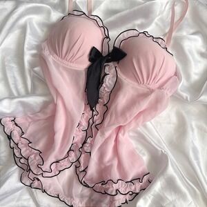 Apt. 9 Pink Mesh Babydoll Top Ruffle Trim Black Bow Coquette Lingerie Small
